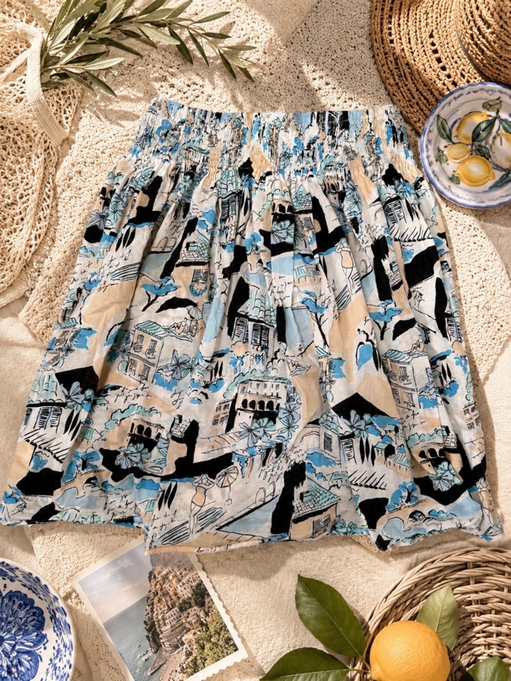 New York & Company Scenic Print Cotton Smocked Waist Midi Skirt Small Resort